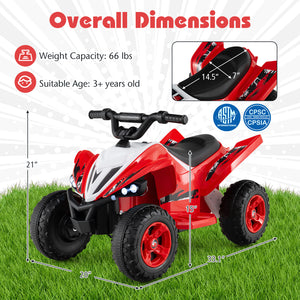 Red toy ATV with dimensions and safety certification logos on a grassy background