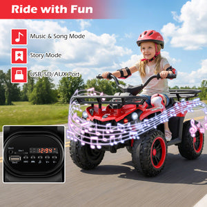 Child riding a red toy ATV with LED lights on a road, surrounded by trees and blue sky.