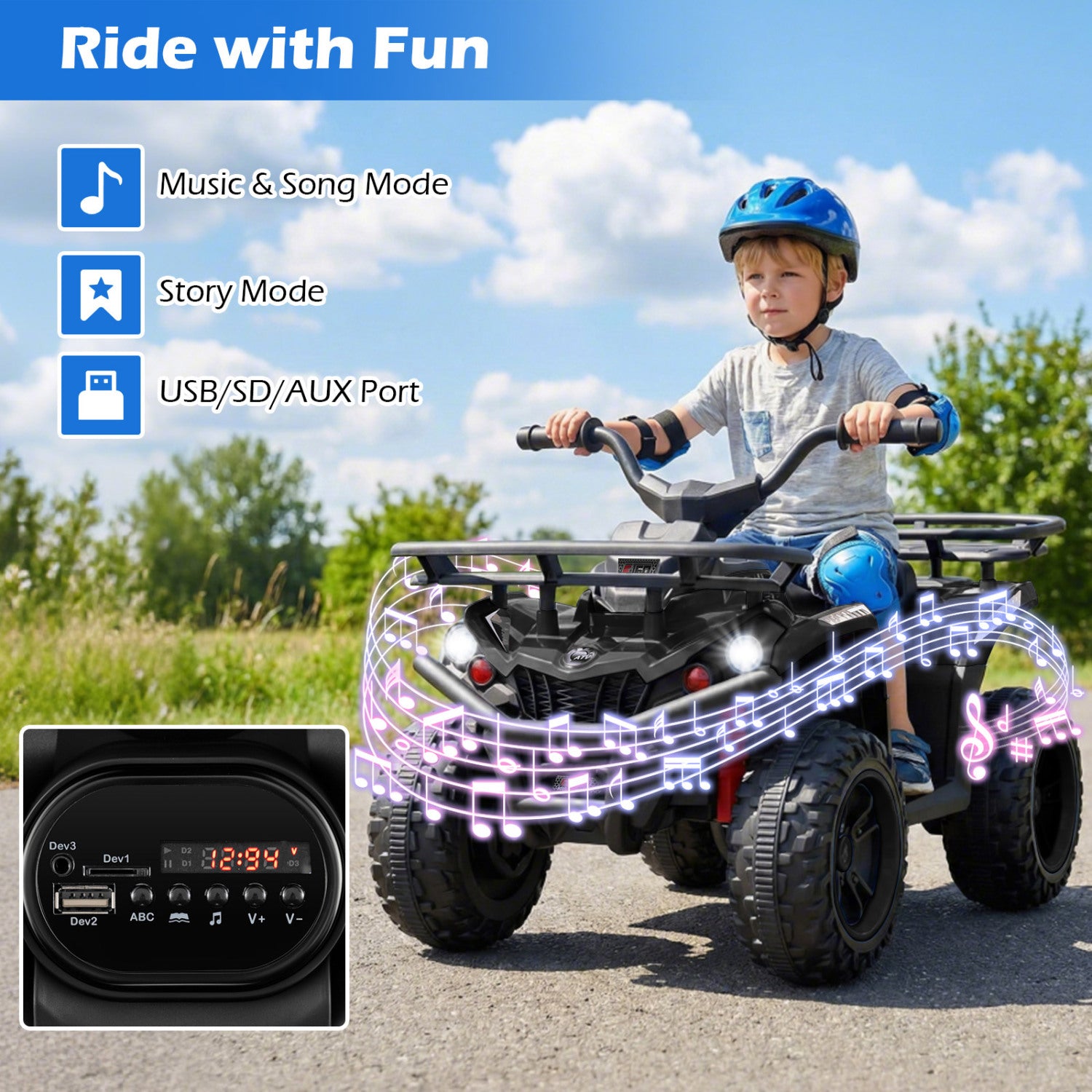 Child riding a toy ATV with features highlighted on a blue banner