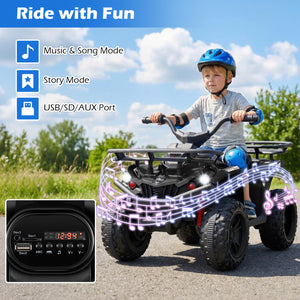 Child riding a toy ATV with features highlighted on a blue banner