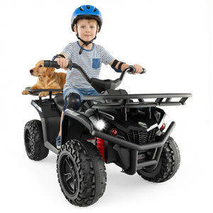 Child riding a toy ATV with a dog in the back on a white background