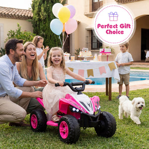 Family with a child in a pink toy car outdoors, with balloons and a pool in the background.