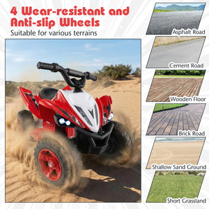 Red and white toy ATV with wear-resistant wheels on various terrains