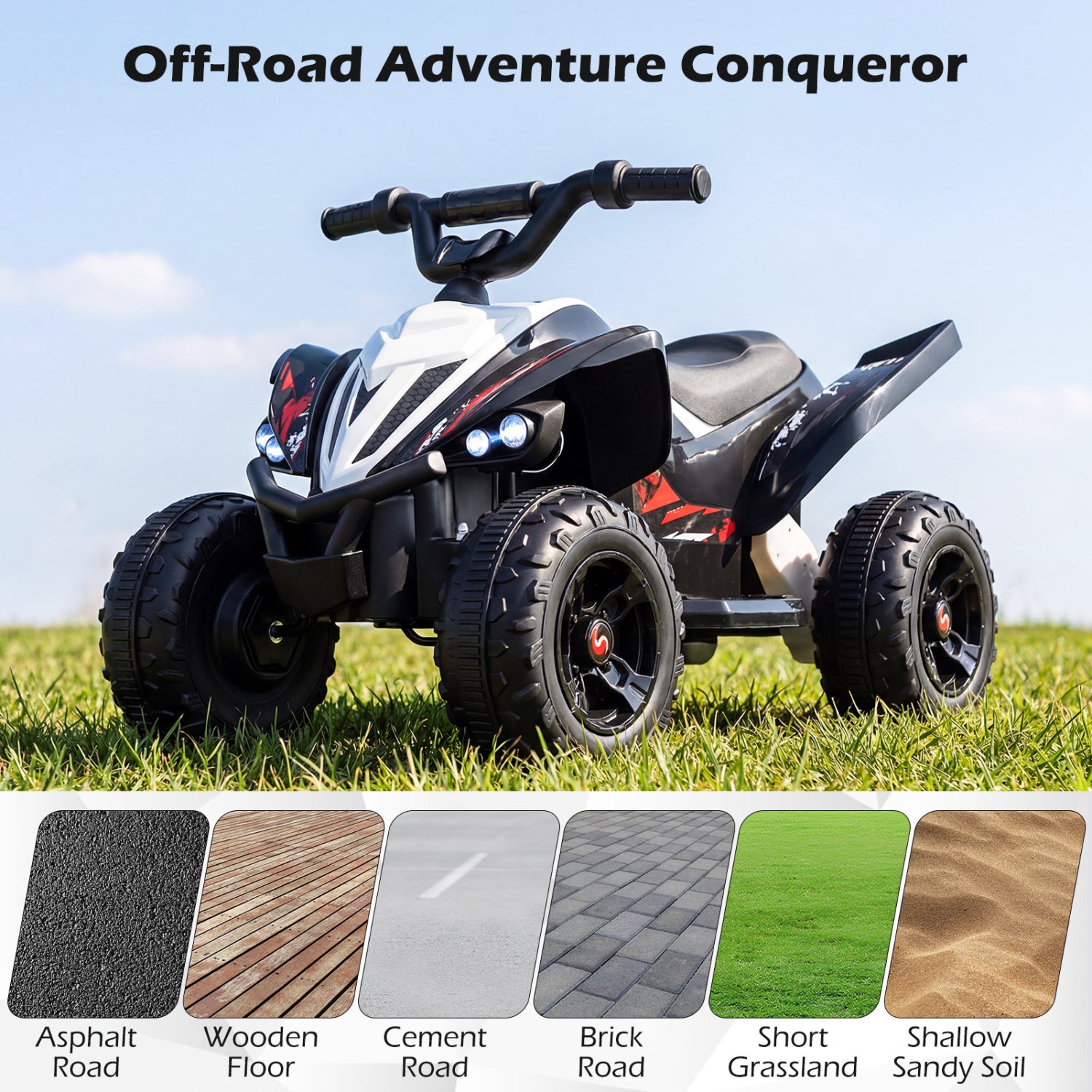 Children's off-road toy vehicle on grass with surface type options below.