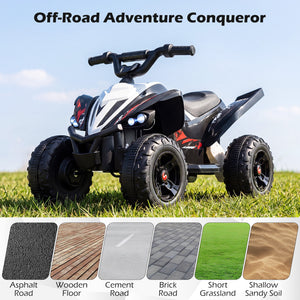 Children's off-road toy vehicle on grass with surface type options below.