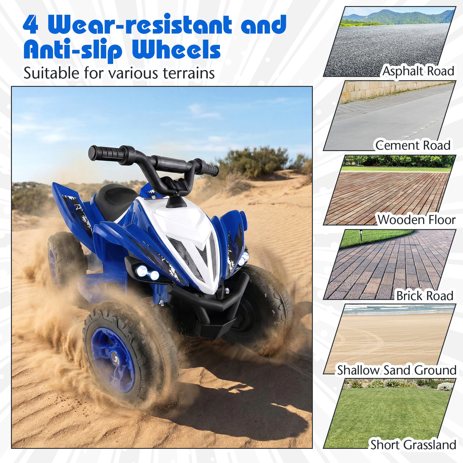 Children's ATV with wear-resistant wheels on a sandy terrain, featuring images of different terrains.