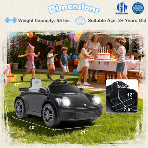 Children's toy car with dimensions and safety certification logos on a grassy background