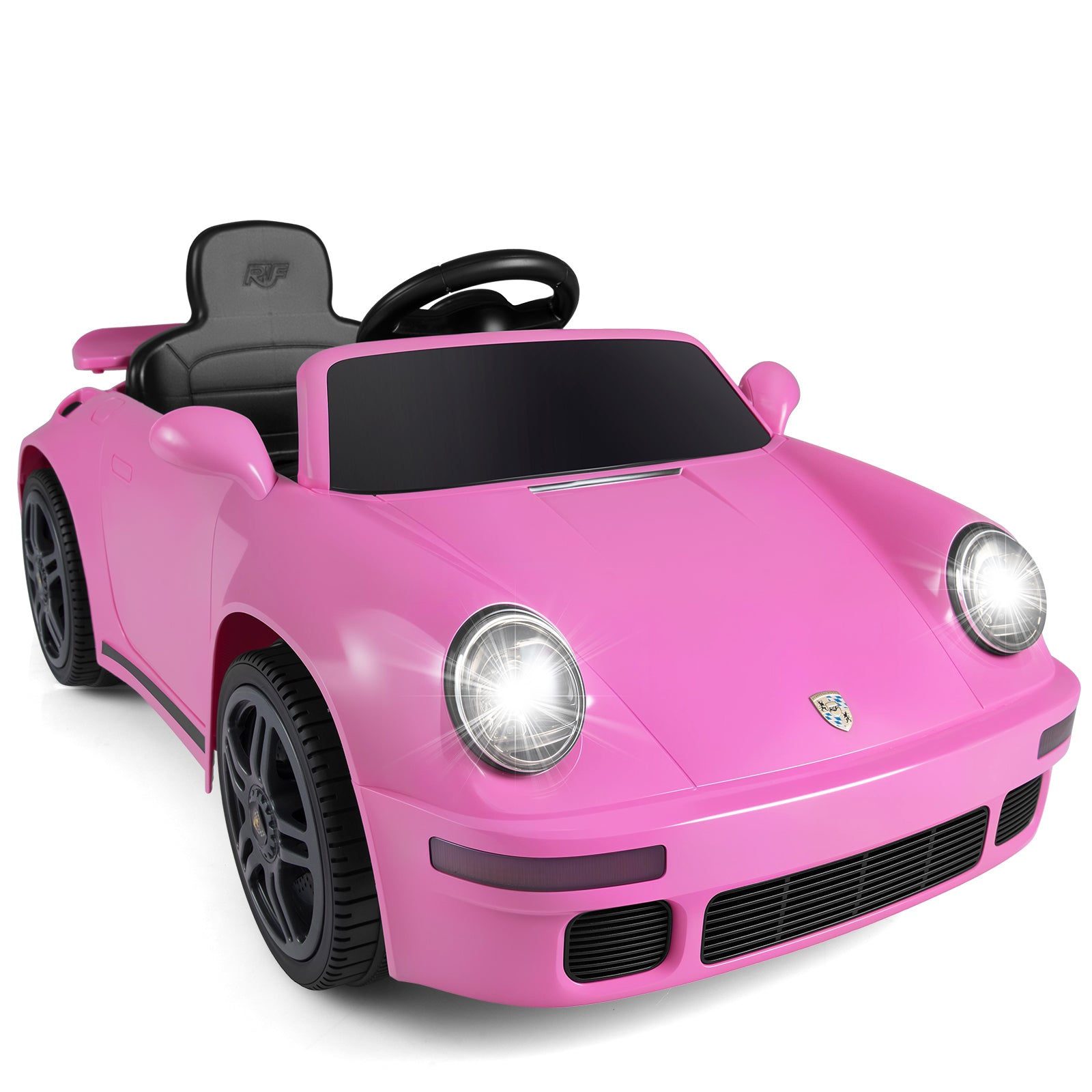 Pink toy car resembling a luxury vehicle on a white background