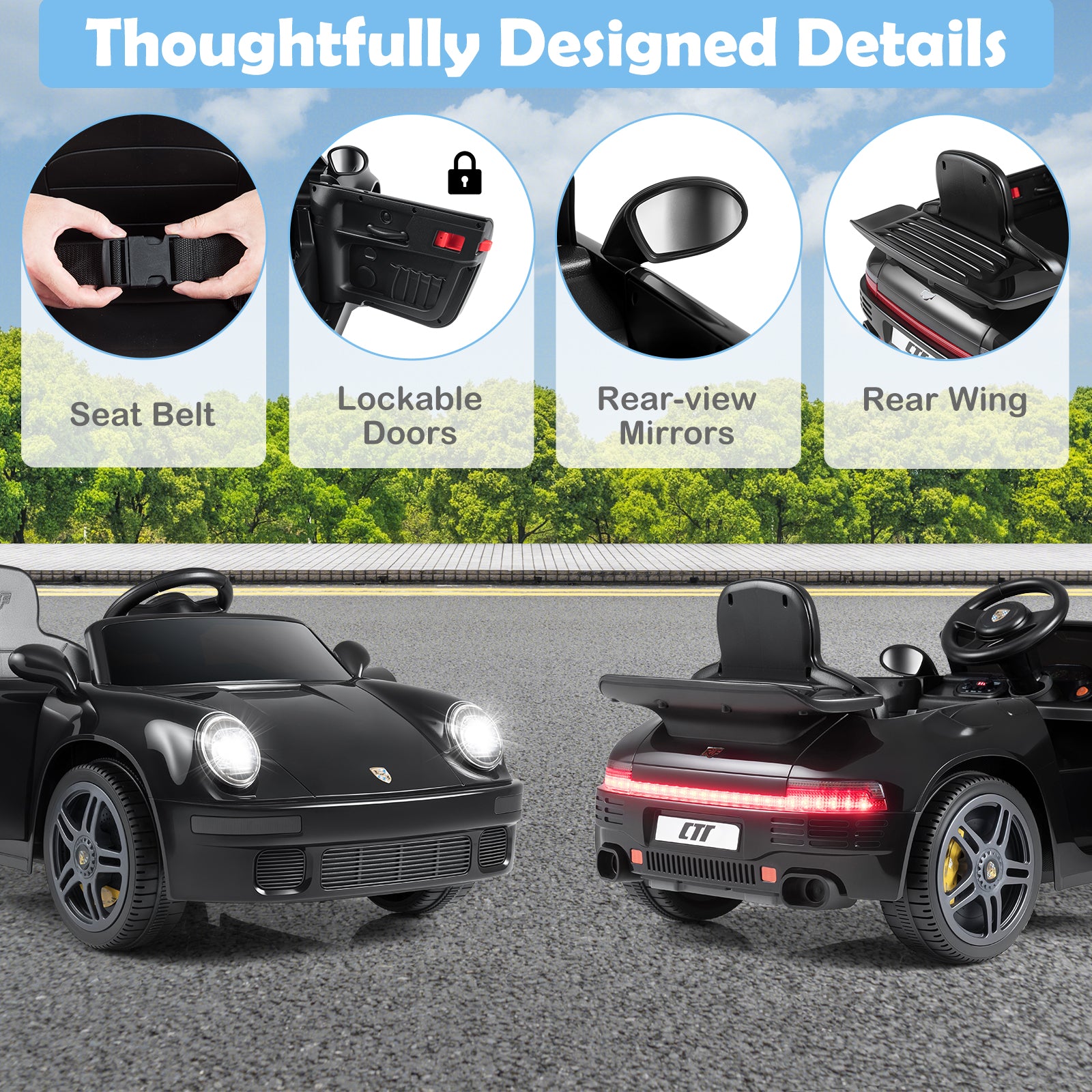 Black toy car with features highlighted on a road background
