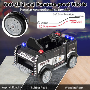 Children's police car toy with anti-skid and puncture-proof wheels on a road surface.