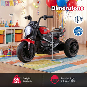 Children's toy motorcycle with dimensions and safety certifications in a room with balloons and toys.