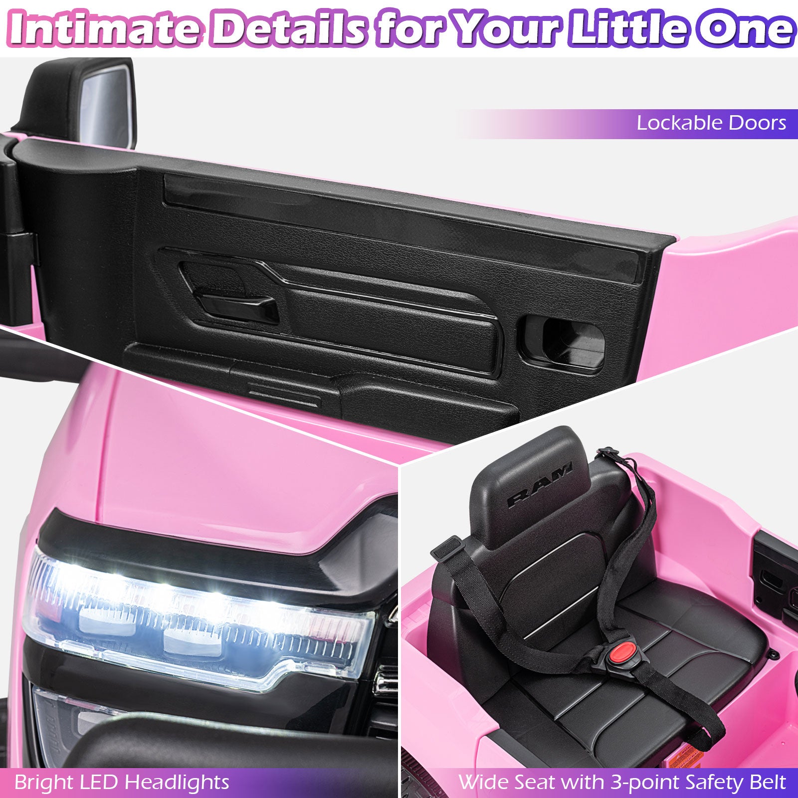 Collage of a pink toy car with black interior features, including headlights and seat.