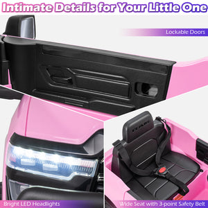 Collage of a pink toy car with black interior features, including headlights and seat.