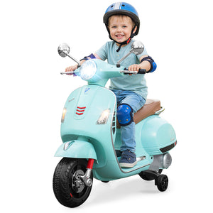 Child riding a toy scooter with a helmet on a white background