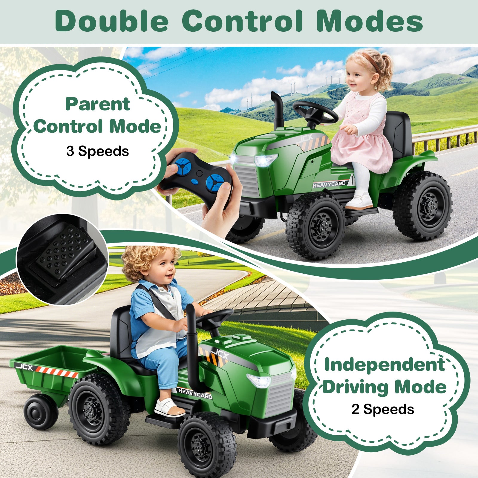 Green toy tractor with two children, one operating a remote control, on a road with a scenic background.