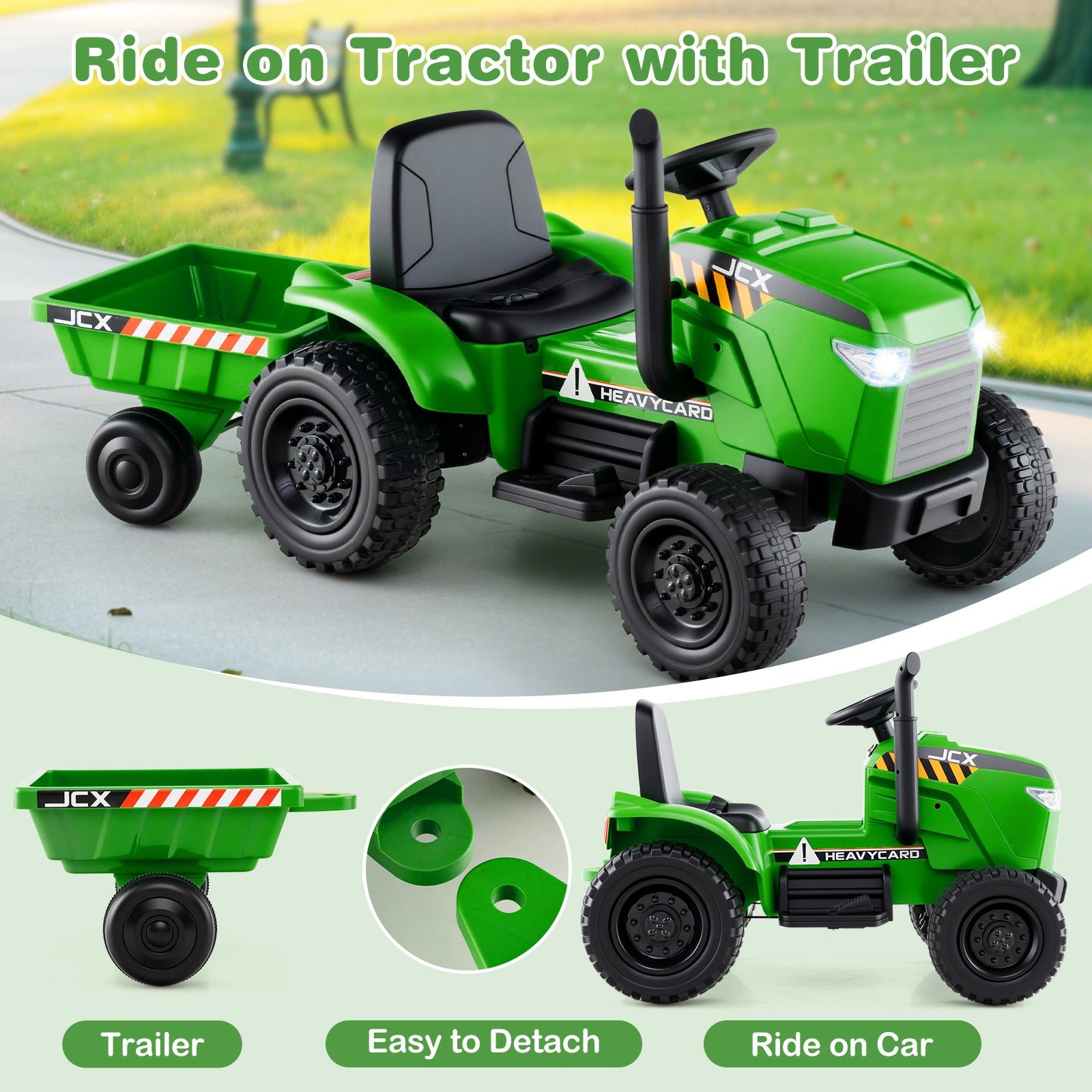 Green ride-on tractor with trailer on a green background