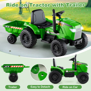 Green ride-on tractor with trailer on a green background