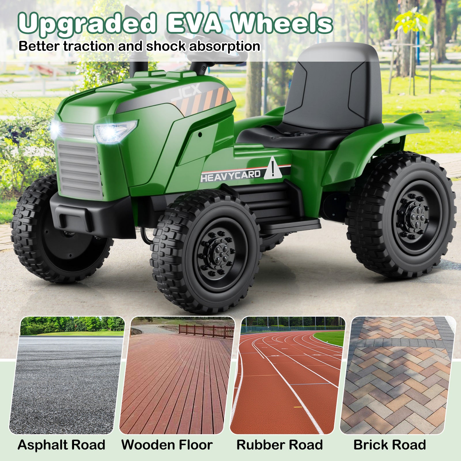 Green toy tractor with upgraded EVA wheels on a road surface background