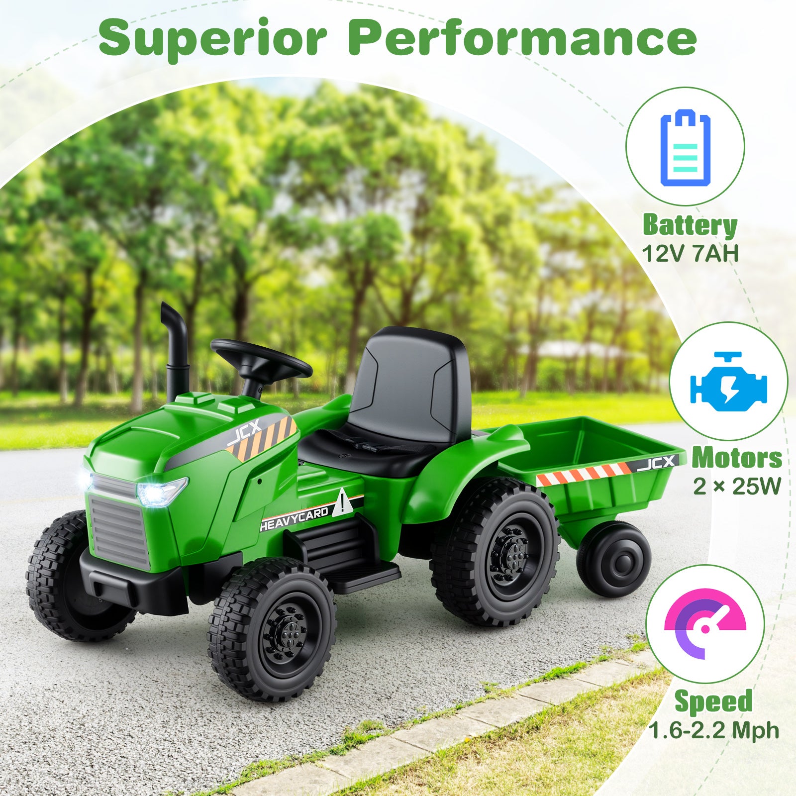 Green toy tractor with battery and motor specifications on a natural background