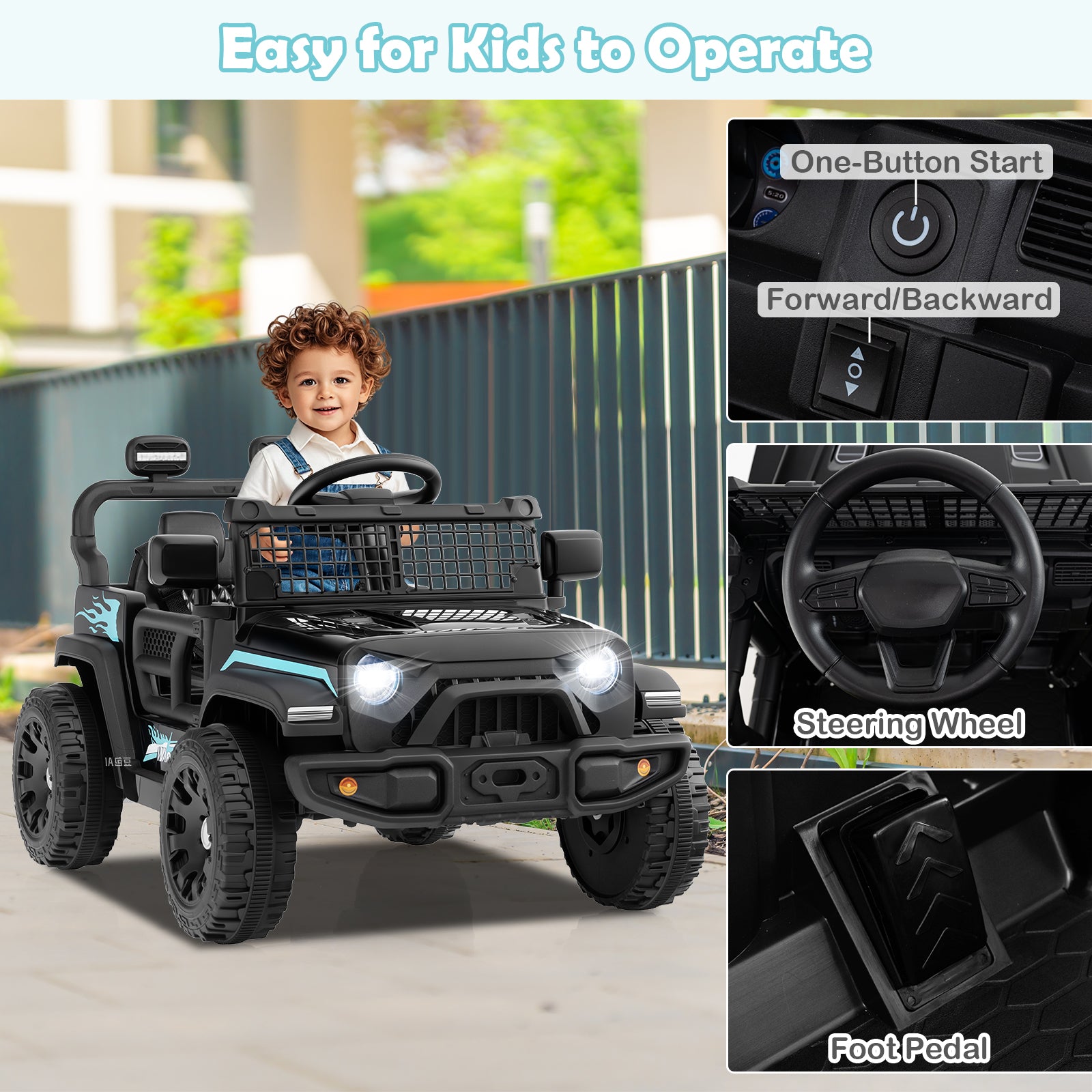 Child playing with a black toy car, highlighting features like steering wheel and foot pedal.