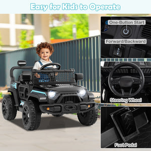 Child playing with a black toy car, highlighting features like steering wheel and foot pedal.