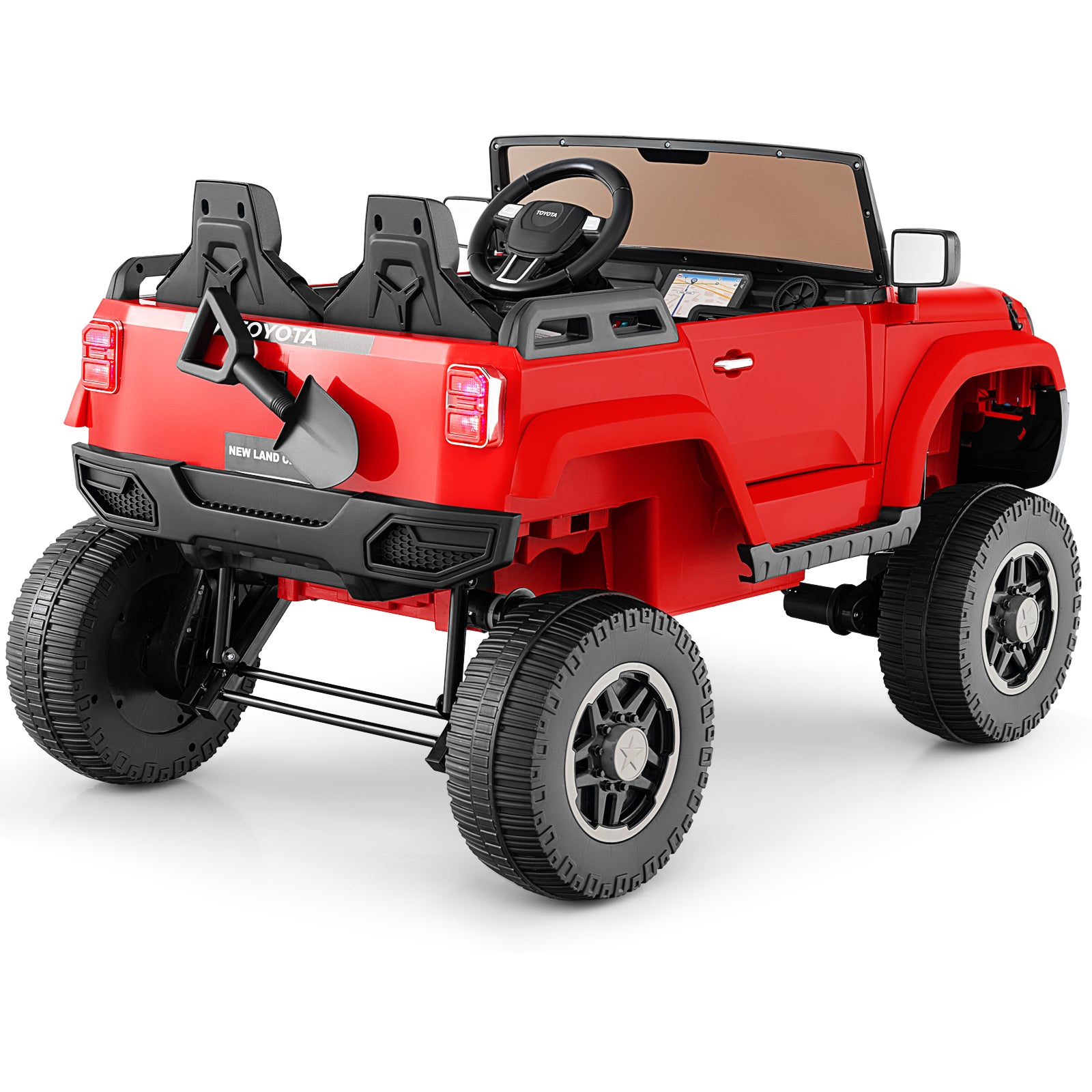 Red toy truck with black details on a white background