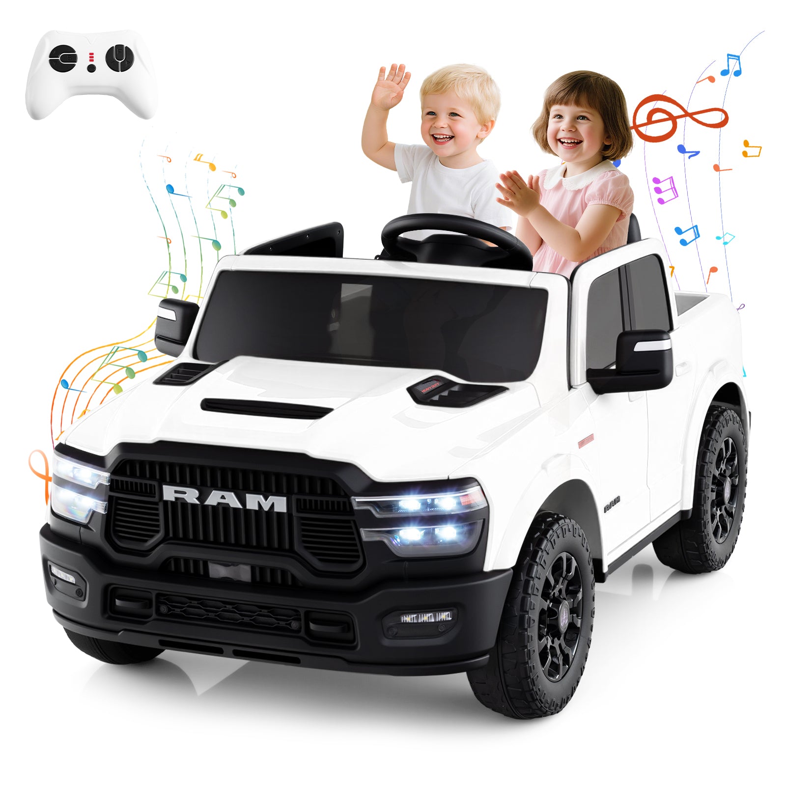 Children playing with a toy RAM truck, remote control included.