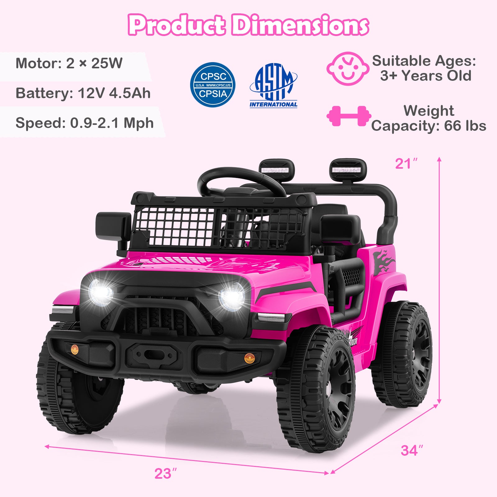 Pink toy truck with product dimensions and safety certifications on a white background