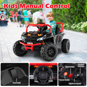 Children's toy car with manual control features, suitable for ages 3 and up, on a sidewalk.