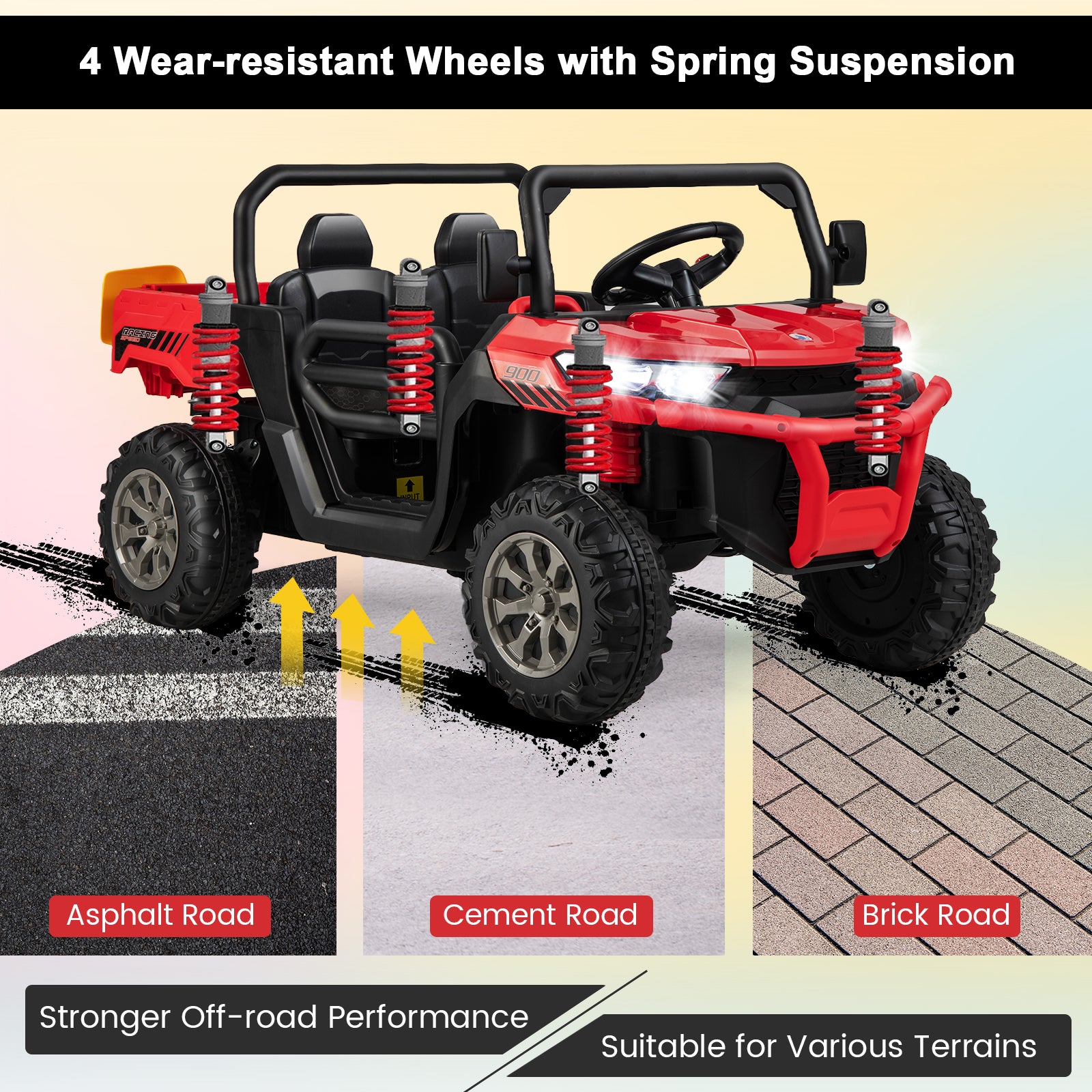 Red toy off-road vehicle with wear-resistant wheels and spring suspension on a road surface illustration.