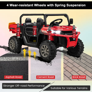 Red toy off-road vehicle with wear-resistant wheels and spring suspension on a road surface illustration.