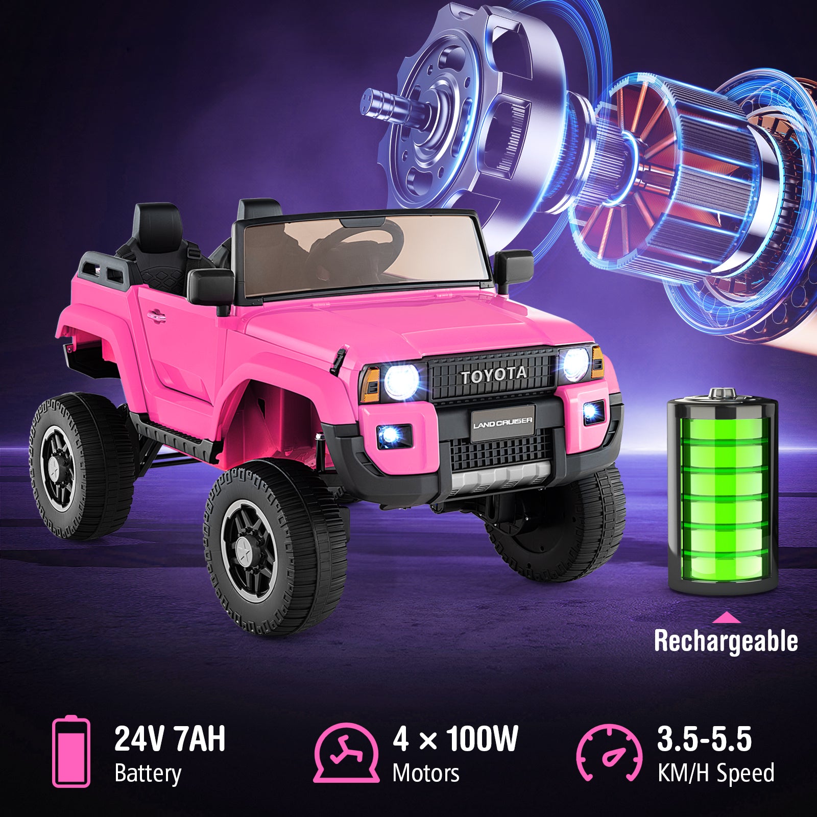Pink toy car with rechargeable battery and motors on a dark background