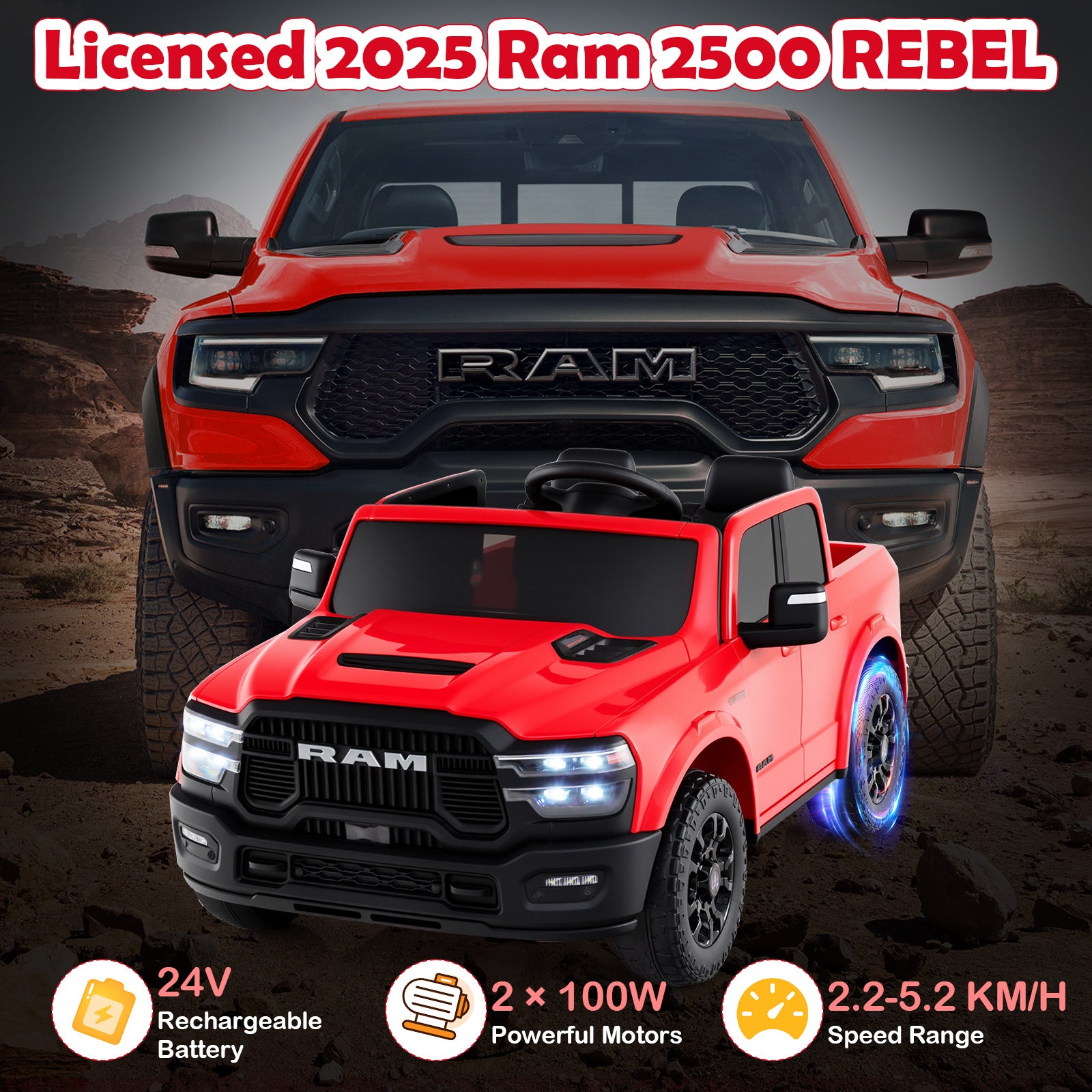 Red toy truck resembling a 2025 Ram 2500 Rebel with specifications displayed.