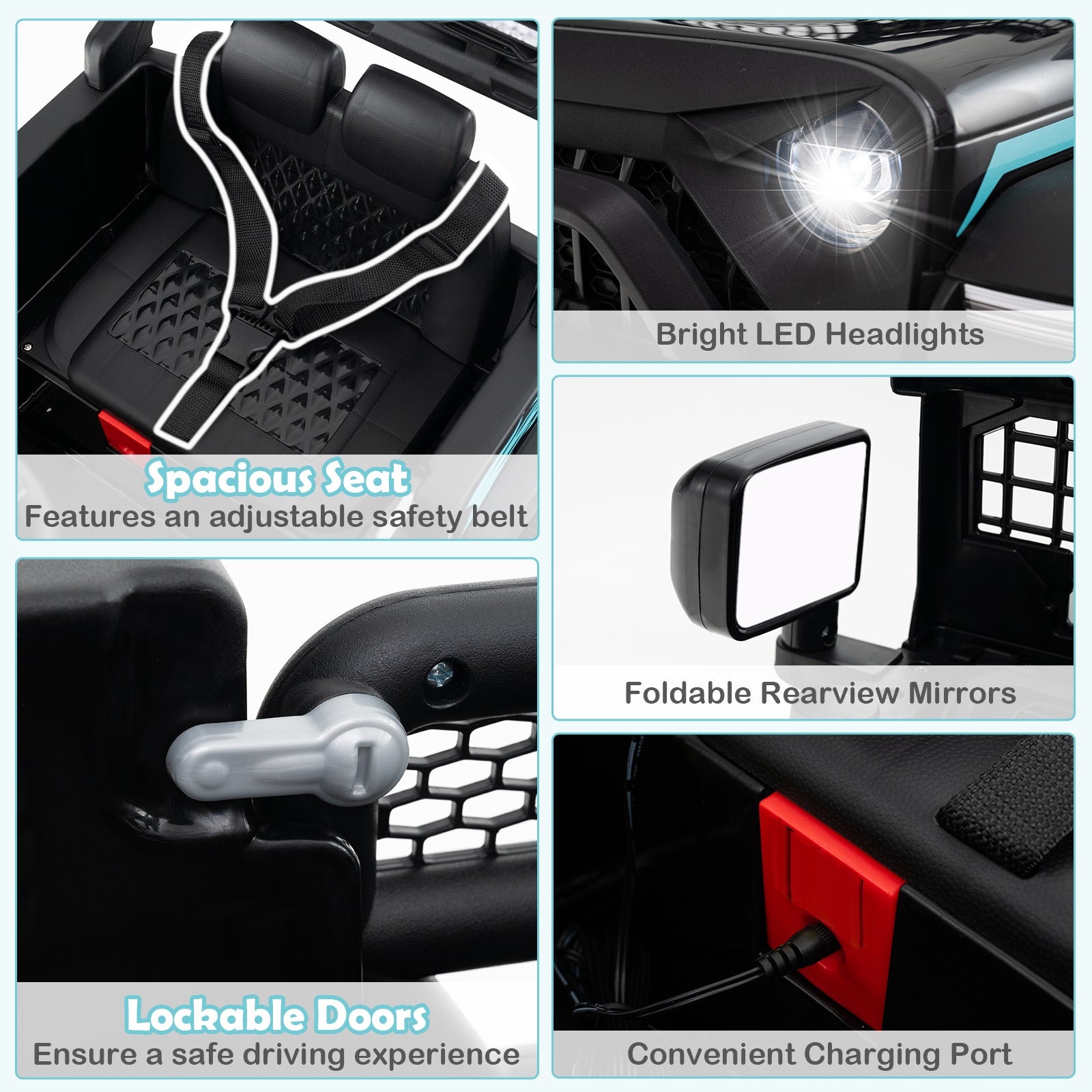 Collage of features including bright LED headlights, spacious seat with adjustable safety belt, foldable rearview mirrors, lockable doors, and convenient charging port on a vehicle.