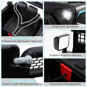 Collage of features including bright LED headlights, spacious seat with adjustable safety belt, foldable rearview mirrors, lockable doors, and convenient charging port on a vehicle.