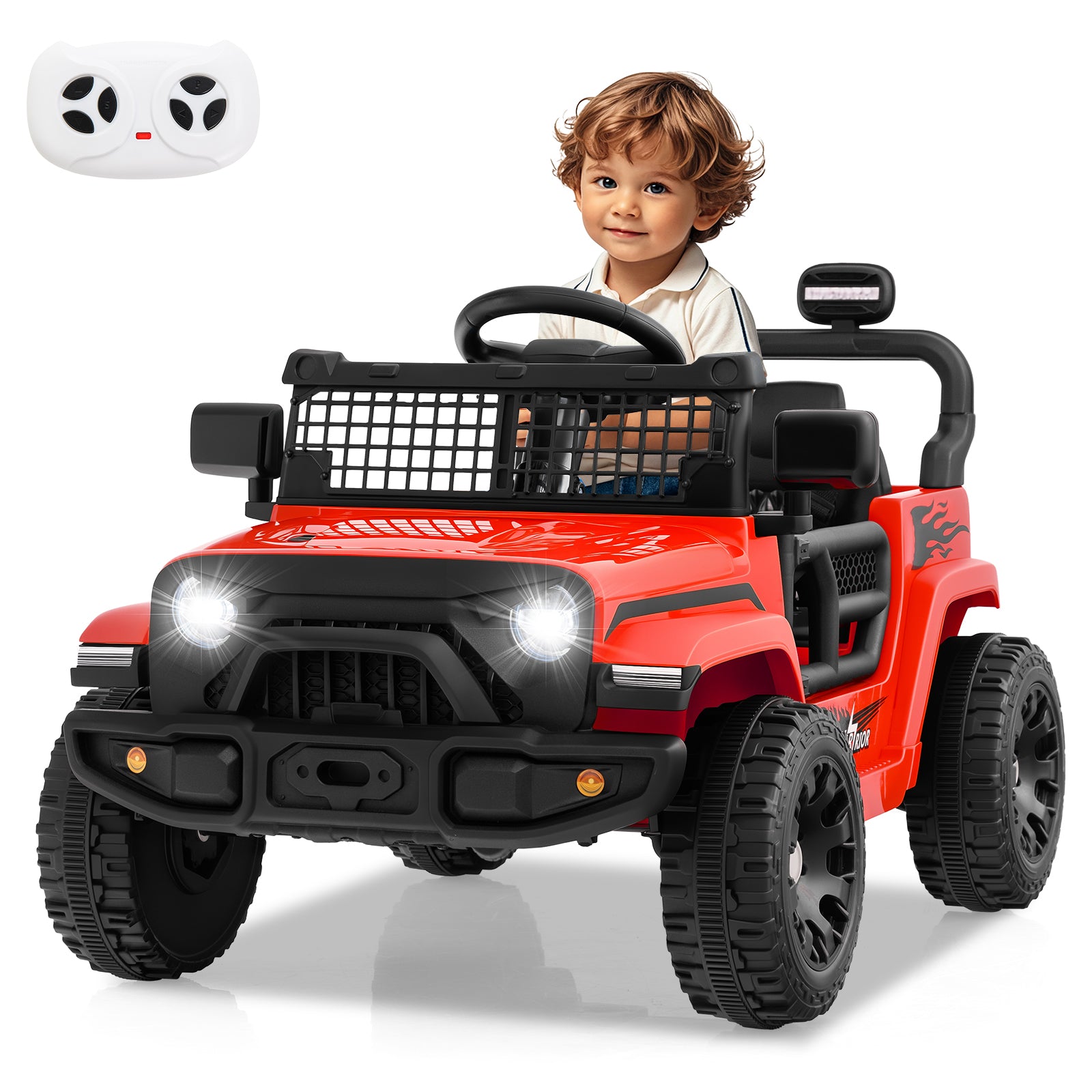 Child sitting in a red toy jeep with a remote control on a white background