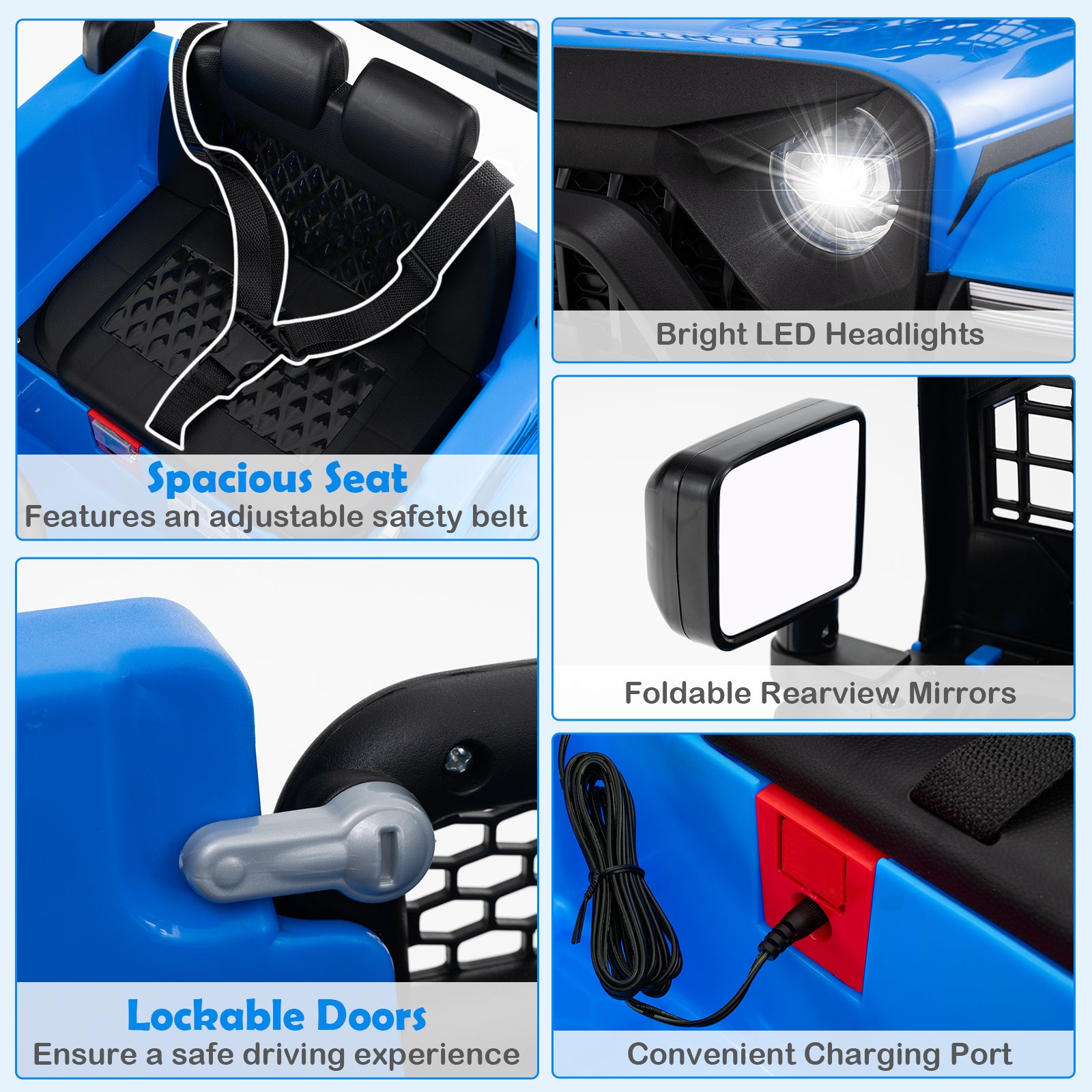 Collage of features including a spacious seat, bright LED headlights, foldable rearview mirrors, lockable doors, and a convenient charging port on a blue vehicle.