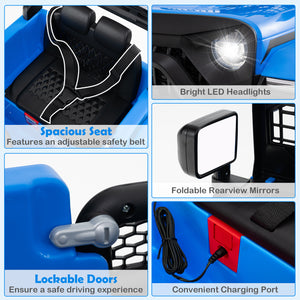 Collage of features including a spacious seat, bright LED headlights, foldable rearview mirrors, lockable doors, and a convenient charging port on a blue vehicle.