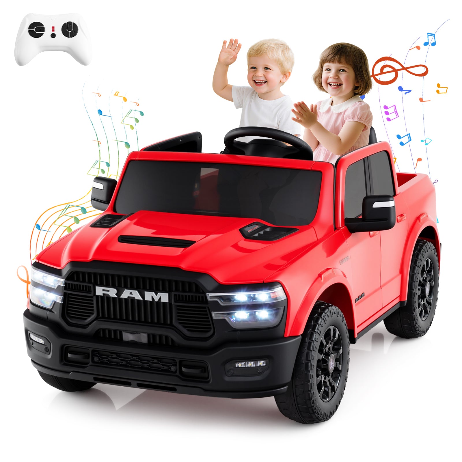 Red toy truck with children inside, remote control on top, and musical notes around.