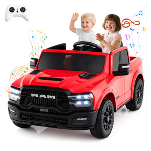 Red toy truck with children inside, remote control on top, and musical notes around.