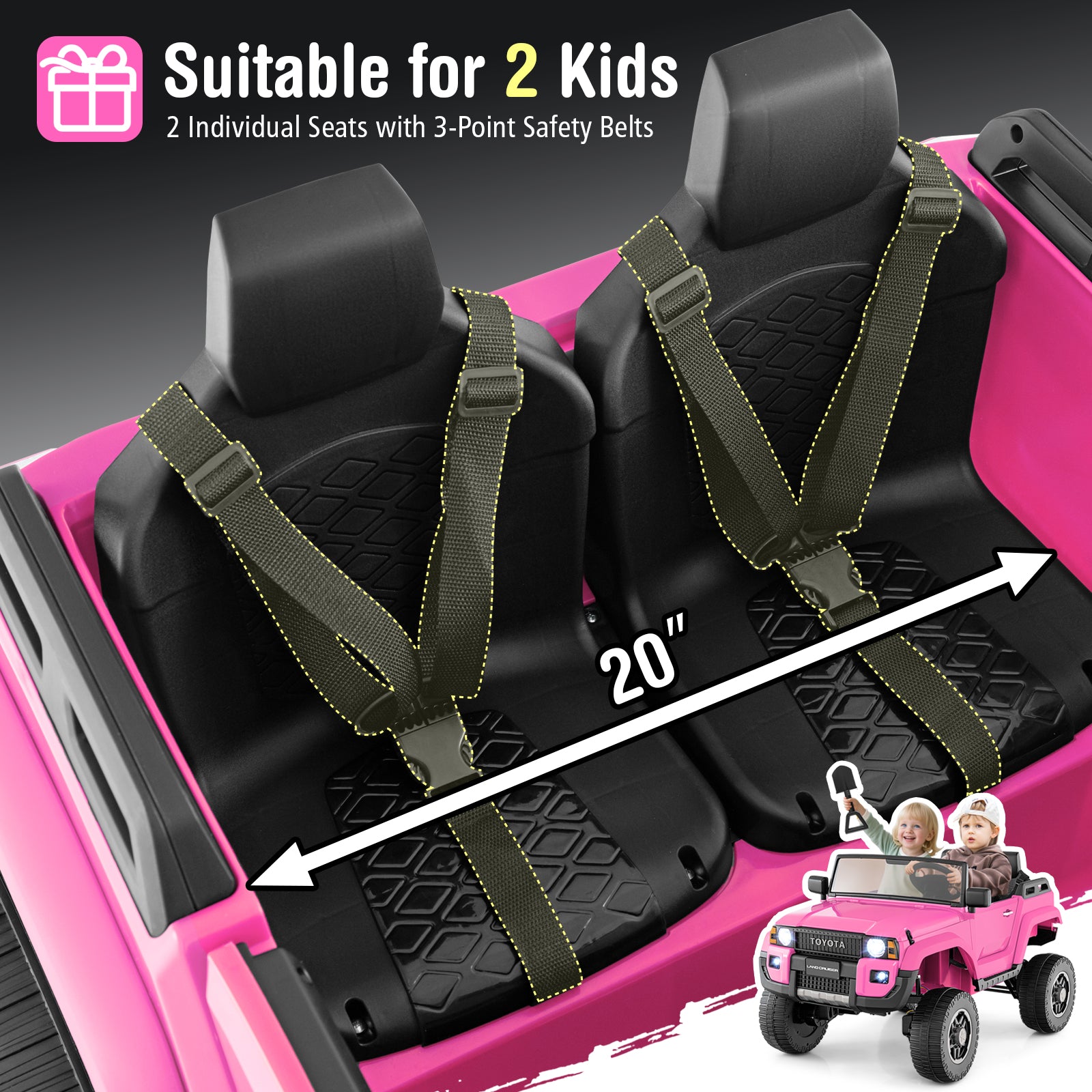 Child safety seats with 3-point safety belts in a pink vehicle, suitable for two kids.