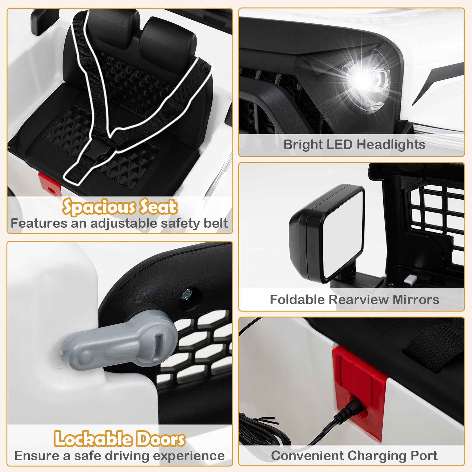 Collage of a toy car with features highlighted, including headlights, seat, mirrors, and charging port.