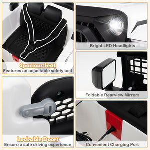 Collage of a toy car with features highlighted, including headlights, seat, mirrors, and charging port.