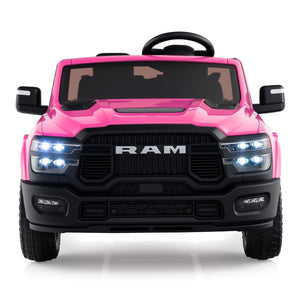 Pink toy truck with 'RAM' branding on a white background