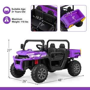 Purple toy off-road vehicle with dimensions and features on a white background
