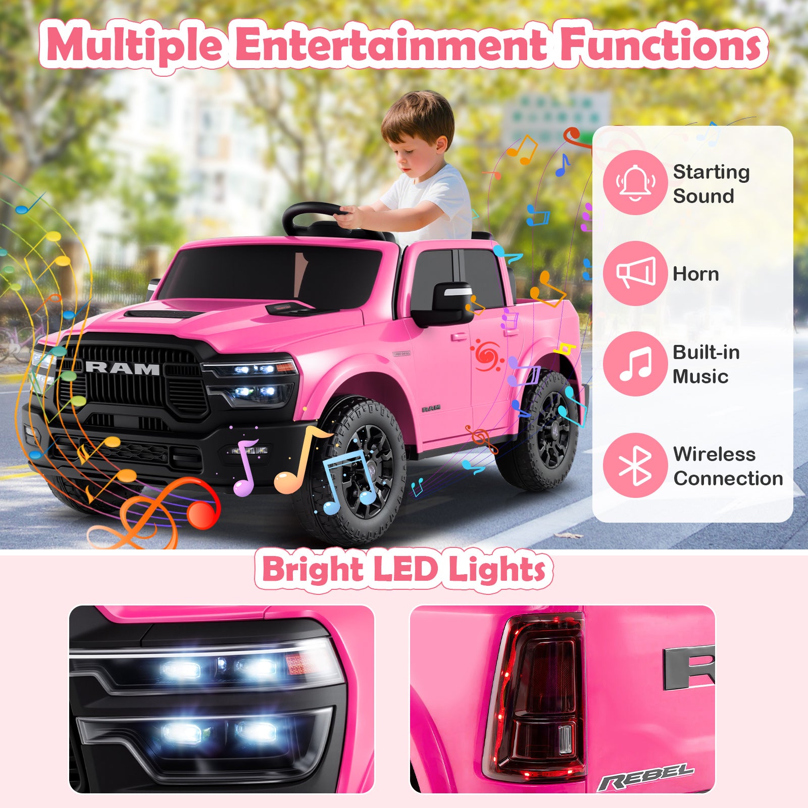 Pink toy truck with entertainment functions and LED lights, child playing outdoors.