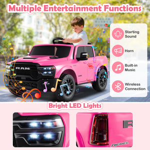Pink toy truck with entertainment functions and LED lights, child playing outdoors.