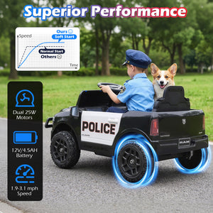 Child in police uniform driving a toy police car with a dog, set against a green outdoor background.