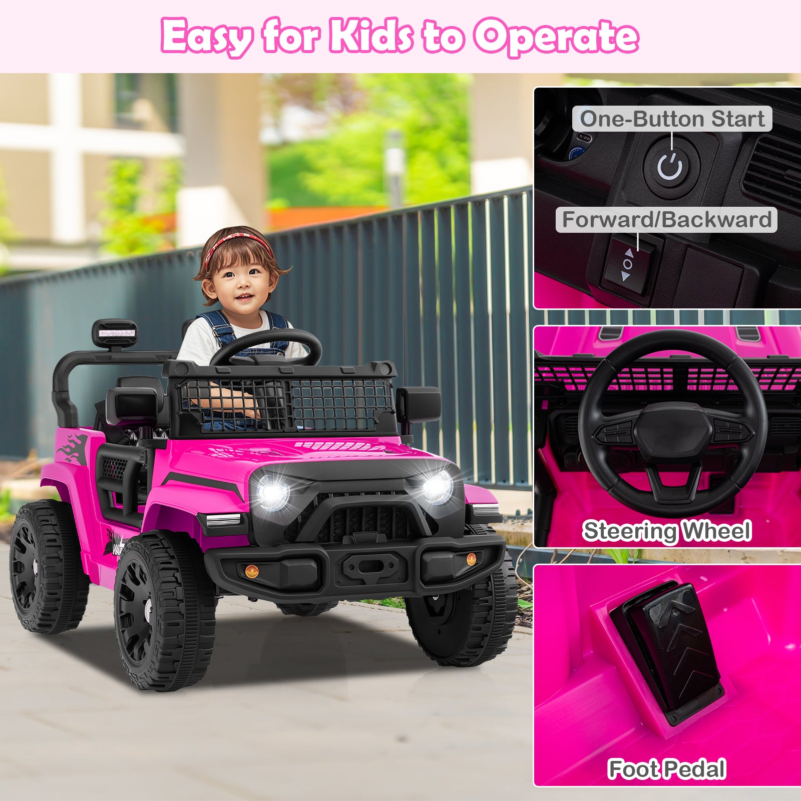 Pink toy truck with child, controls, and outdoor setting