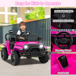 Pink toy truck with child, controls, and outdoor setting